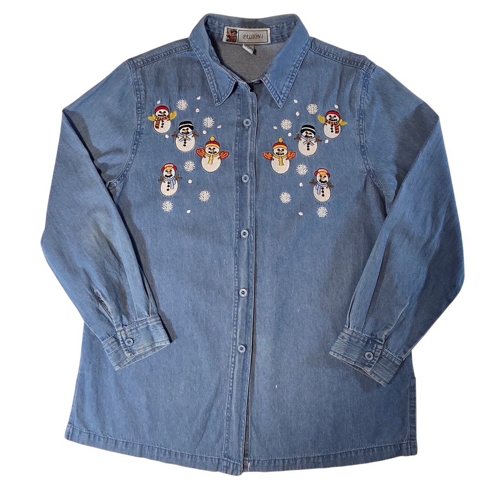 Vtg Embroidered Denim Button Down Shirt Womens S Christmas Grannycore Snowman‎